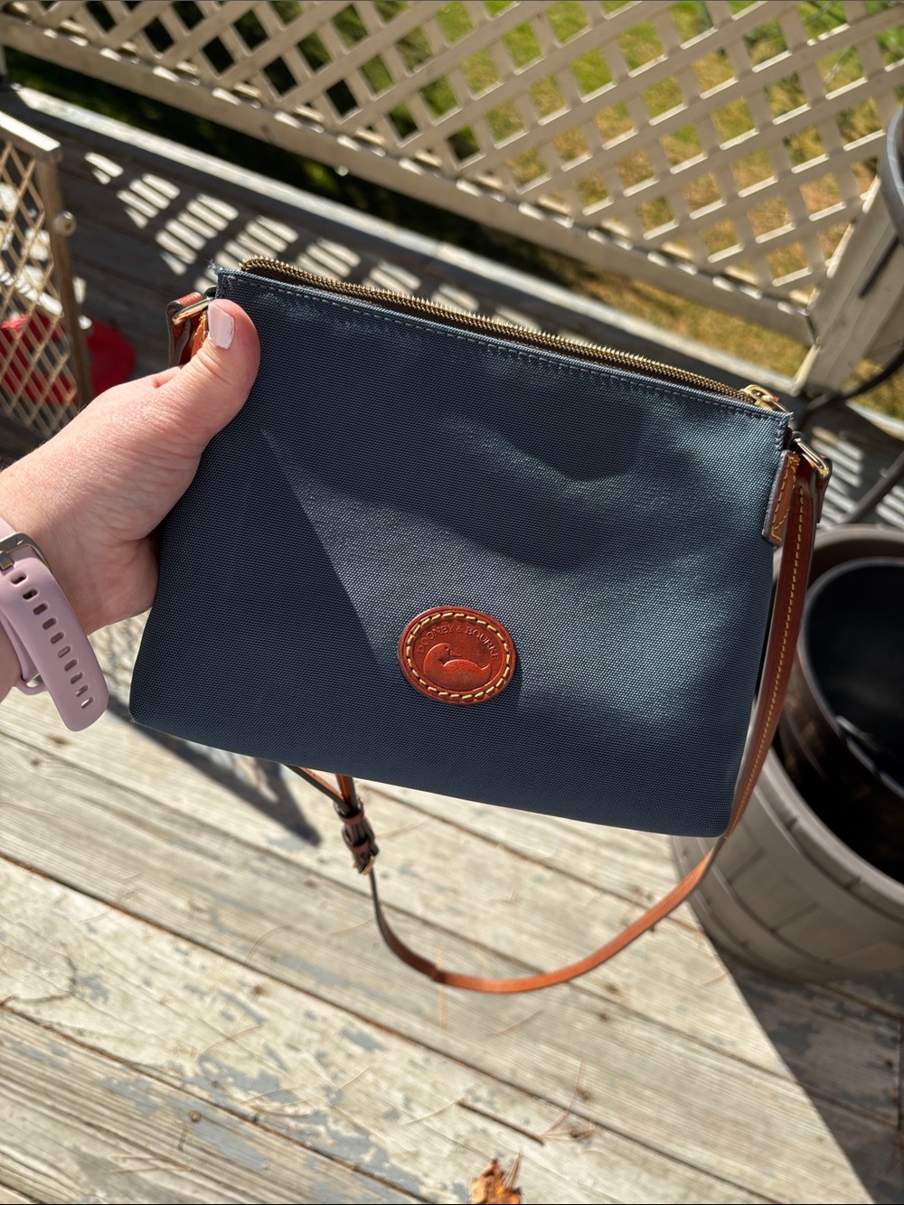 Dooney & Bourke Navy Crossbody with Brown Leather Trim and Logo